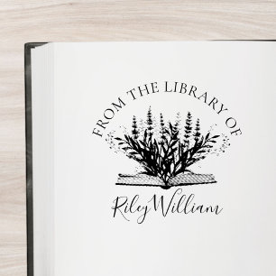 Lavendelblomma Växer Från Bok Exlibris Självfärgande Stämpel