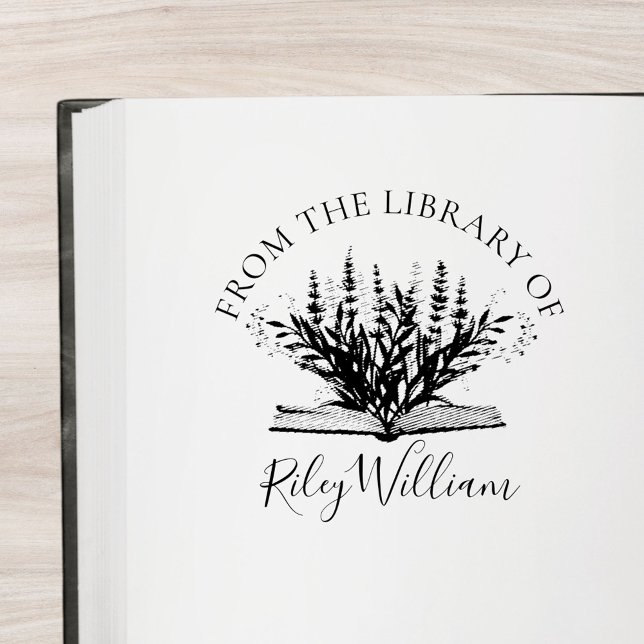Lavendelblomma Växer Från Bok Exlibris Självfärgande Stämpel (In situ)