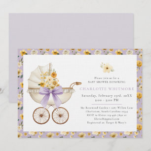 Lavendelblommig baby shower-inbjudan med vagn inbjudningar