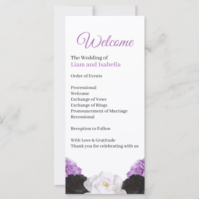 Lavendelblommig bröllopsprogramkort (Framsida)