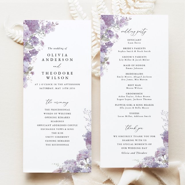 Lavendelblommig Elegant Bröllopsceremoni Program (Lavender floral wedding ceremony program, watercolor lilac purple elegant wedding program stationery)