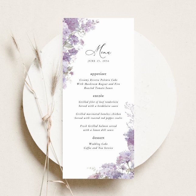Lavendelblommig Elegant Bröllopsmottagning Middag Meny (Lavender floral wedding menu card watercolor lilac purple wedding reception menu elegant table decor)