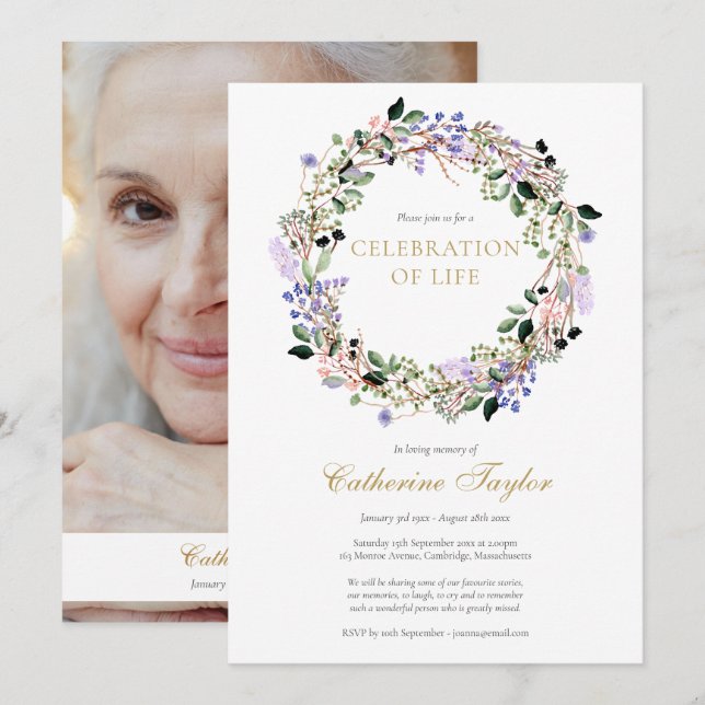 Lavendelblommig fotofirande av livets begravning inbjudningar (Fram/baksida)