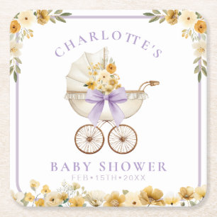 Lavendelblommig kärra Baby Shower Coaster Underlägg Papper Kvadrat