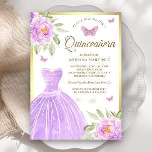 Lavendelblommig klänning Fjäril Guld Quinceanera Inbjudningar
