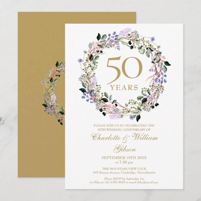 Lavendelblommig krans 50-års bröllopsjubileum inbjudningar (Fram/baksida)