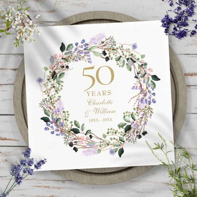 Lavendelblommig krans 50-års bröllopsjubileum pappersservett (Lavender Floral Garland 50th Wedding Anniversary Napkins)