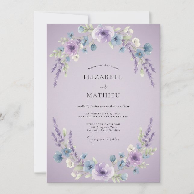 Lavendelblommig krans bröllop inbjudningar (Framsida)