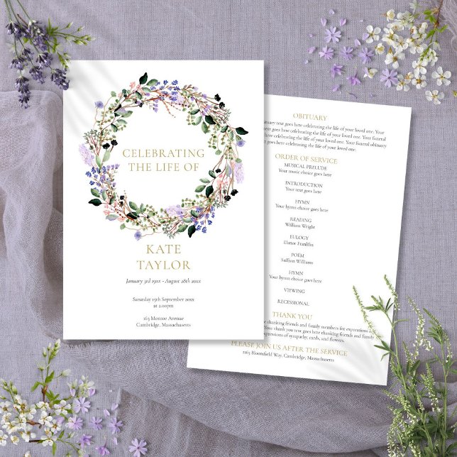 Lavendelblommig minnesgudstjänst Ordning för cerem Program (Lavender Floral Funeral Memorial Order Of Service Program)