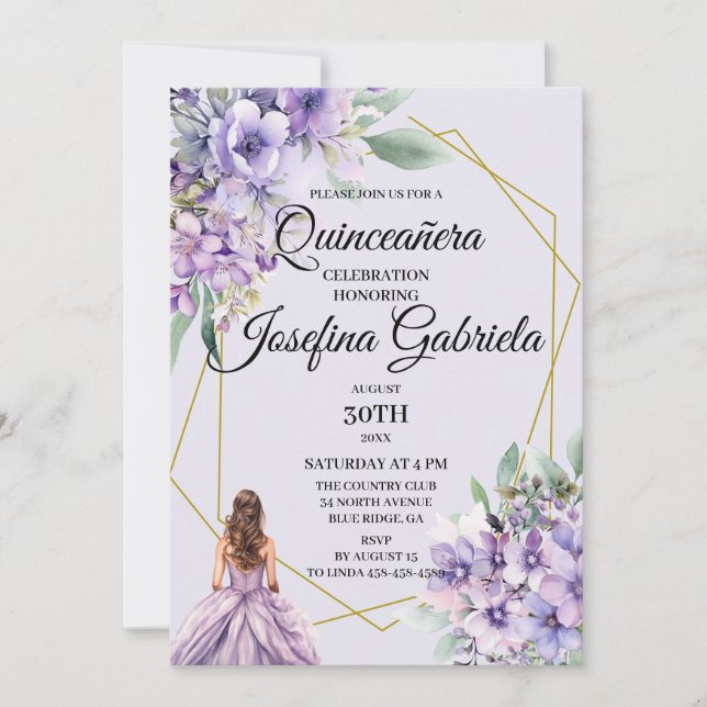 Lavendelblommig Quinceañera-inbjudan Inbjudningar (Framsida)