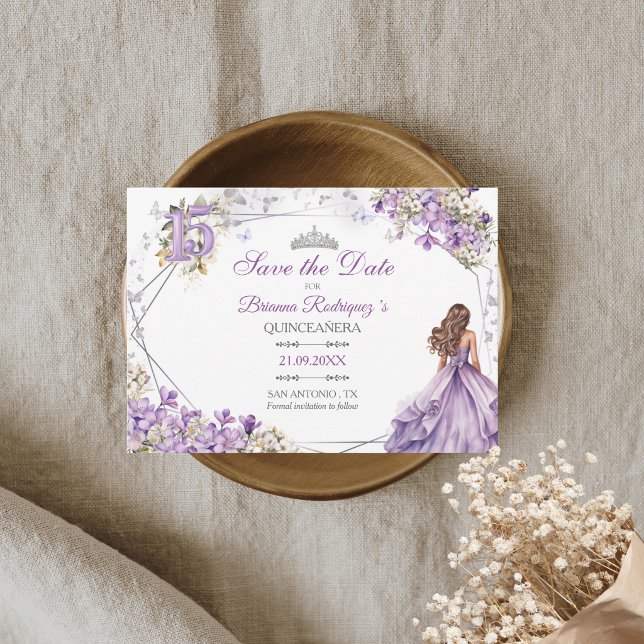 Lavendelblommig Quinceañera Spara datum-kort (Skapare uppladdad)