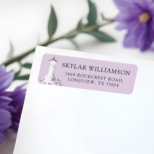 Lavendelblommiga vit bröllopsklänning bröllopsdusc returadress etikett