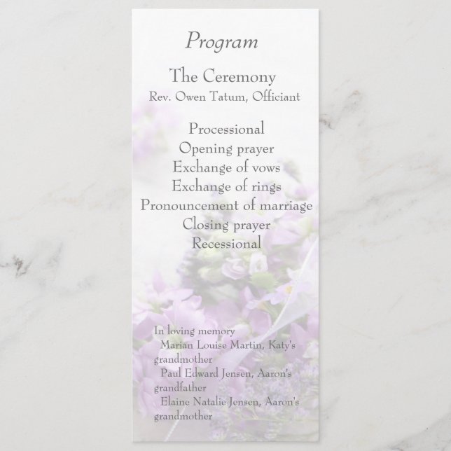 Lavendelblommor bleknar bröllopsprogram program (Framsida)