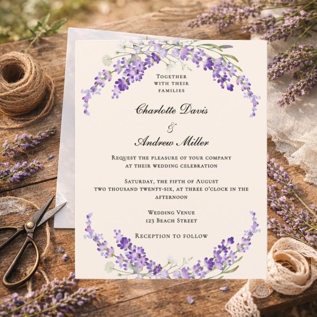 Lavendelblommor champagnekräm bröllopsinbjudan (Skapare uppladdad)