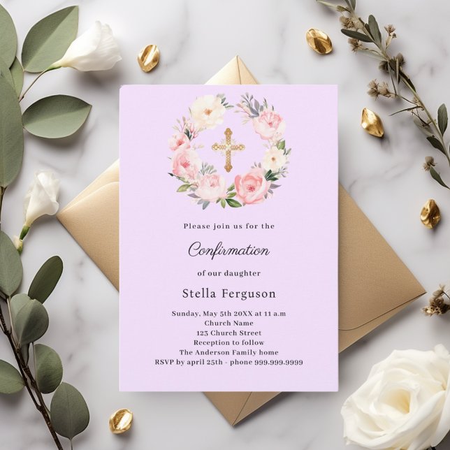 Lavendelblommor kors Konfirmation Inbjudningar (Skapare uppladdad)