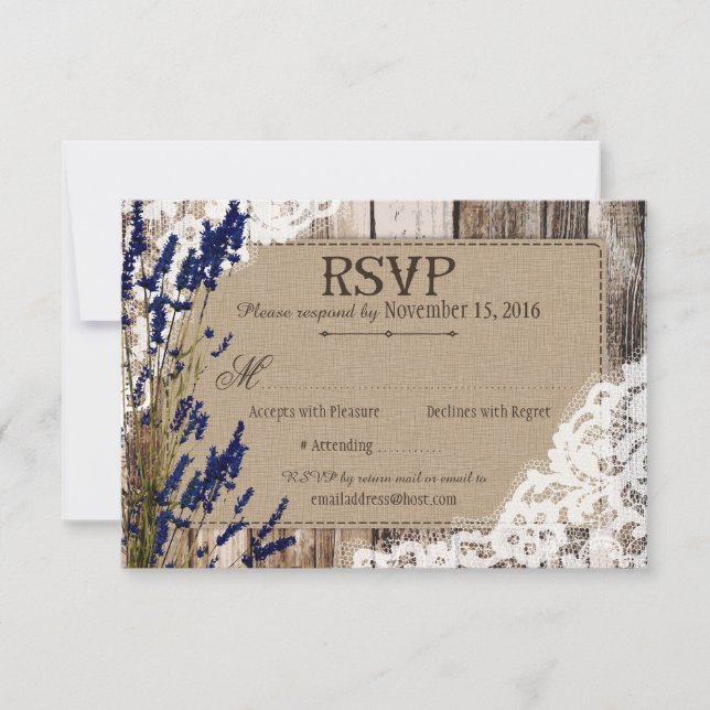 Lavendelblommor Trärusett Rustik RSVP-kort Inbjudningar (Framsida)