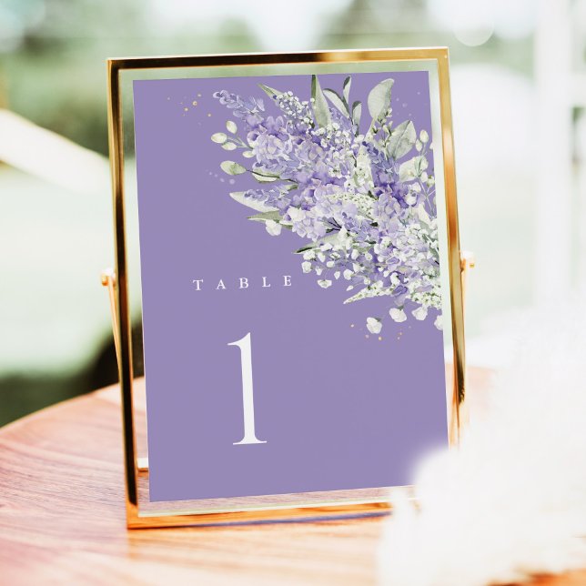 Lavendelbröllopsbordnummer, Salvia Grön Blommig (Lavender sage green wedding table number card with watercolor florals, elegant reception table decor)