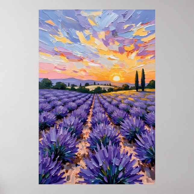 Lavendelfält Solnedgång Oljemålning Poster (Framsidan)