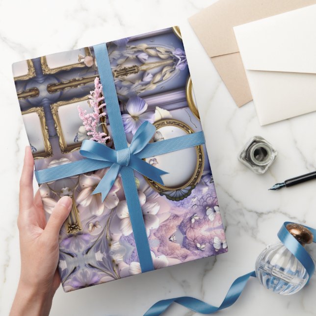 Lavendelfärgade blomster ramar med antika guldfärg presentpapper (Gifting)