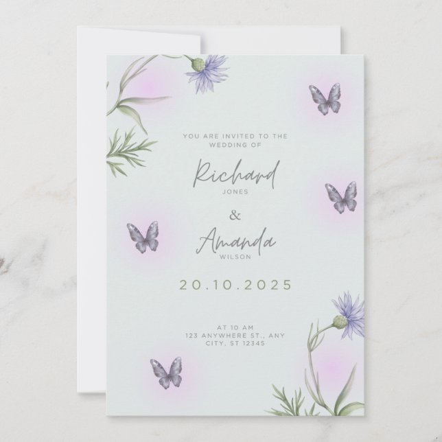 Lavendelfjäril Vildblomma Bröllopsinbjudan Inbjudningar (Framsida)