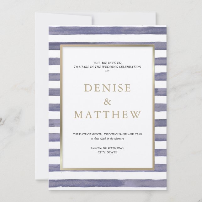 Lavendelgrå akvarellränder & guldtext inbjudningar (Framsida)