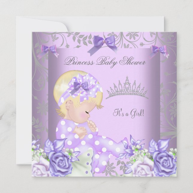 Lavendelgrå baby shower blond flicka blommig inbjudningar (Framsida)
