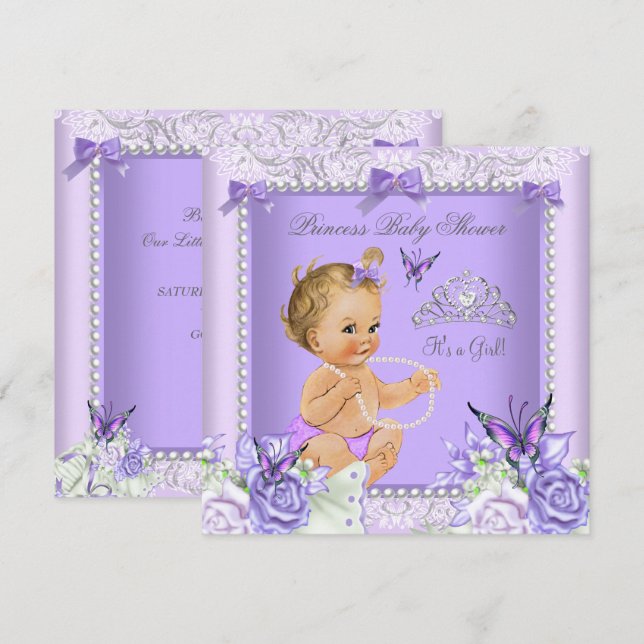 Lavendelgrå baby shower flicka blond bebis inbjudningar (Fram/baksida)