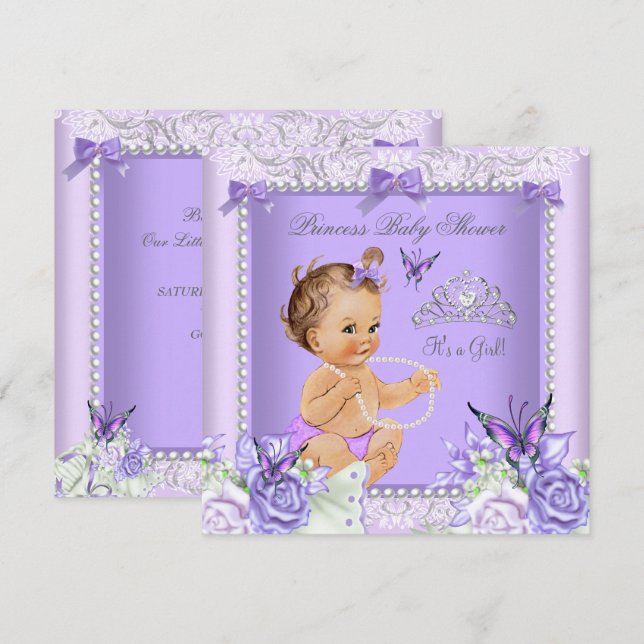 Lavendelgrå baby shower flicka brunett inbjudningar (Fram/baksida)