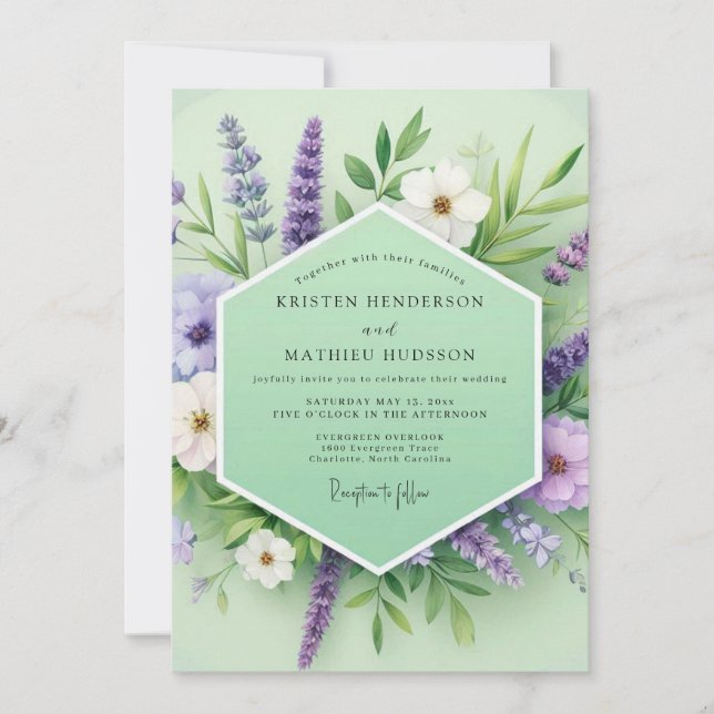 Lavendelgrön Blommig Whimsy Bröllop Inbjudningar (Framsida)