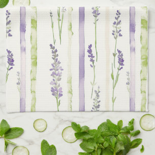 Lavendelgröna randiga blommig   kökshandduk