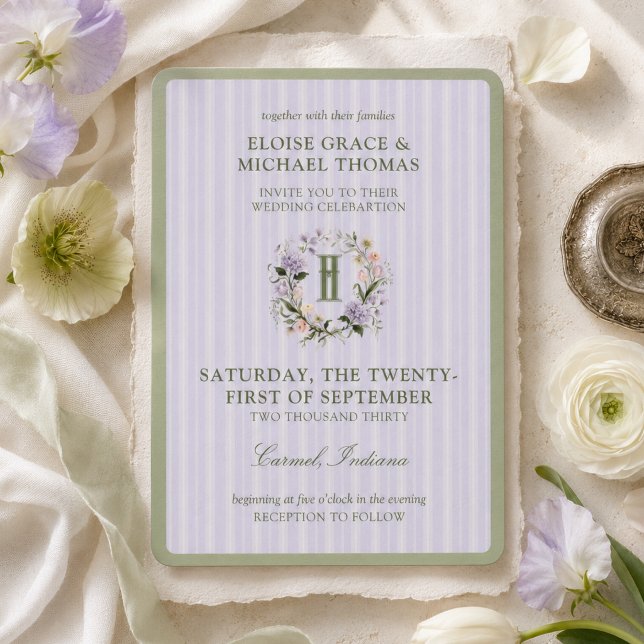 Lavendelrandig blomkrone vårbröllop inbjudningar (Lavender Stripe Floral Crest Spring Wedding Invitation)