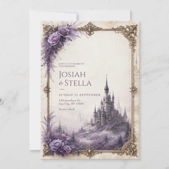 Lavendelrosdimma Slott Bröllop Inbjudningar (Framsida)