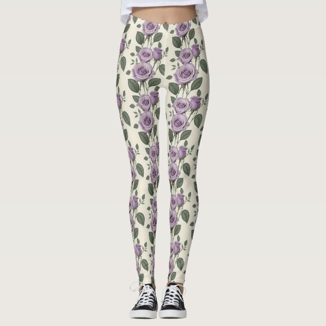 Lavendelrosor med silver- och gröna blad  leggings (Framsida)