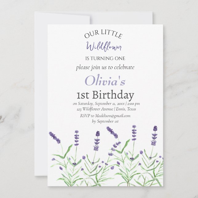 Lavender 1st First Birthday Girl Blommigt Lila Inbjudningar (Framsida)