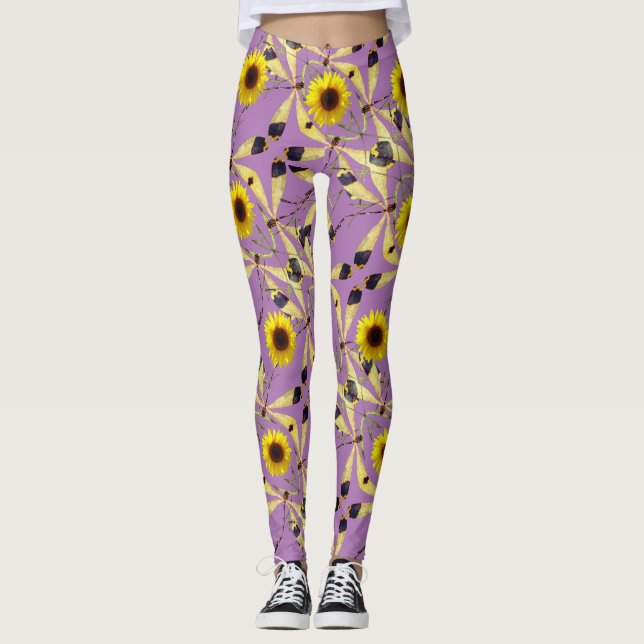 Lavender Abstrakt Solros Dragenfly Leggings (Framsida)