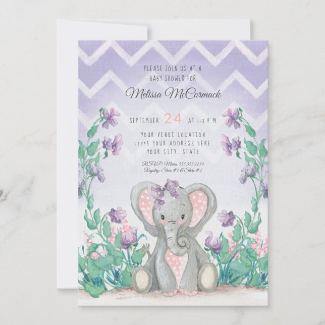 Lavender Adsible Elephant Girl Baby Shower Rand Inbjudningar (Framsida)