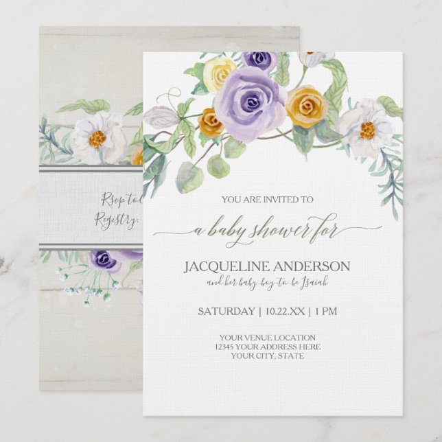 Lavender Amber Ro Blommigt Baby Shower Wood Boods Inbjudningar (Fram/baksida)
