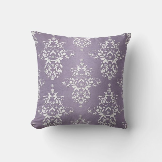 Lavender Amethyst Blommigt Damask Kudde (Framsida)