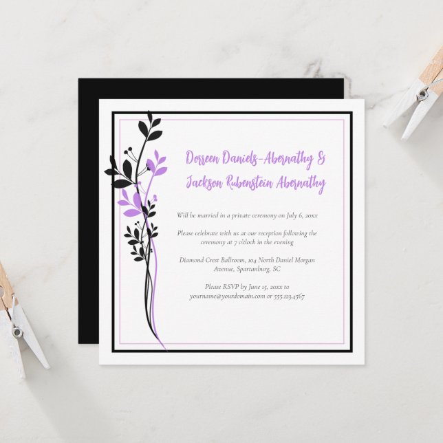 Lavender and Black Floral Reception Only | Inbjudningar (Fram/Back In Situ)