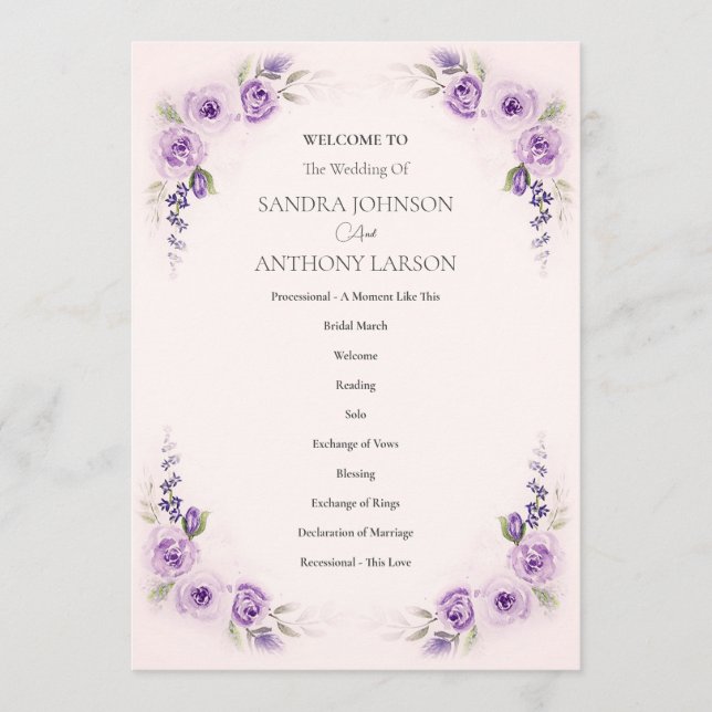 Lavender and Blush Rose Wedding Program (Framsida)