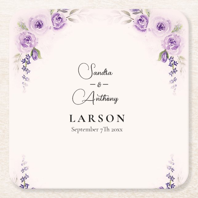 Lavender and Blush Wedding Square Paper Coaster Underlägg Papper Kvadrat (Framsidan)