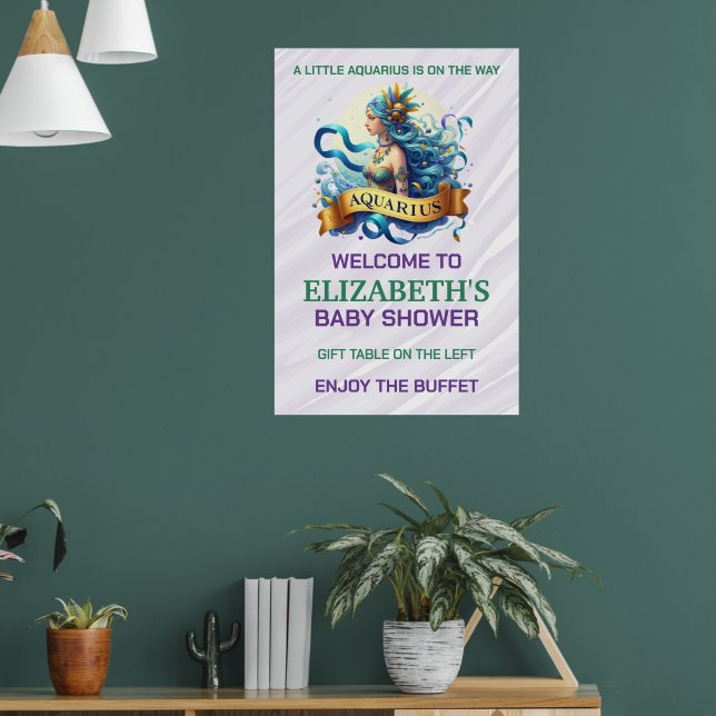 Lavender and Green Aquarius Zodiac Baby Shower Poster (Vardagsrum 1)