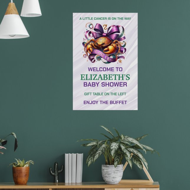 Lavender and Green Cancer Zodiac Baby Shower Poster (Vardagsrum 1)
