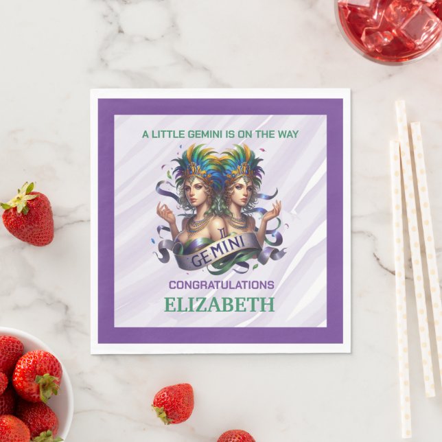 Lavender and Green Gemini Zodiac Baby Shower Pappersservett (Insitu)