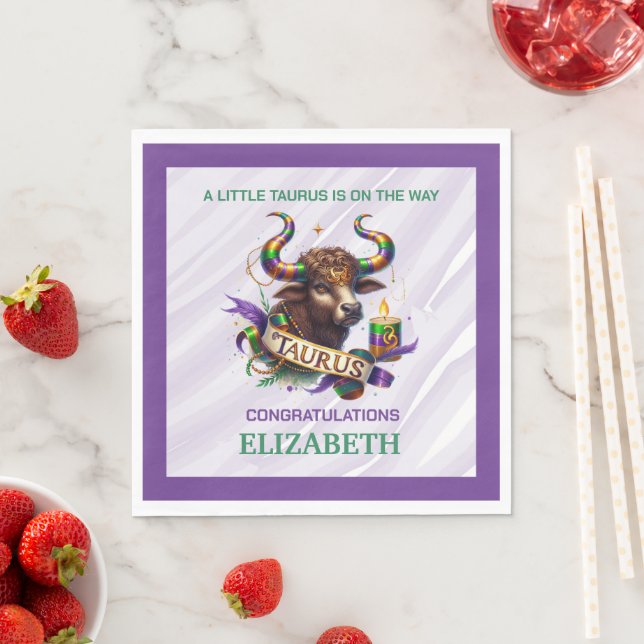 Lavender and Green Taurus Zodiac Baby Shower Pappersservett (Insitu)