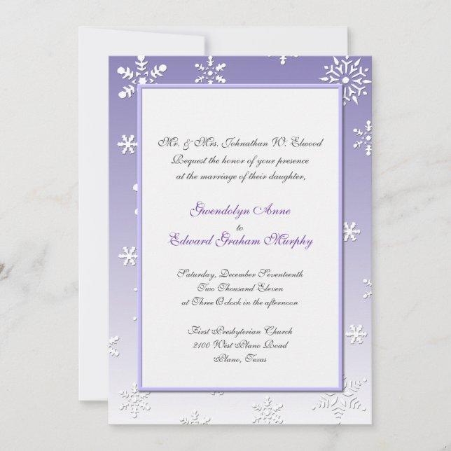 Lavender and White Snowflake Wedding bjudande Inbjudningar (Framsida)