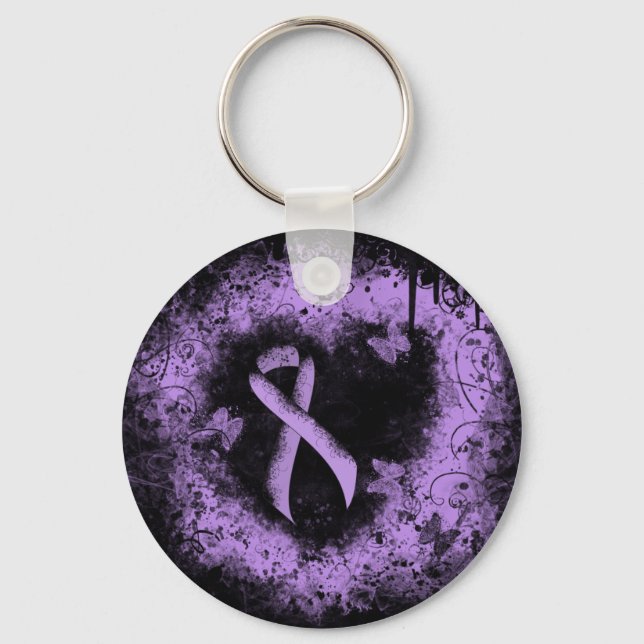 Lavender Awareness Ribbon Grunge Heart Nyckelring (Framsida)