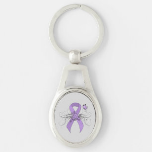 Lavender Awareness Ribbon med Butterfly Ovalt Silverfärgad Nyckelring