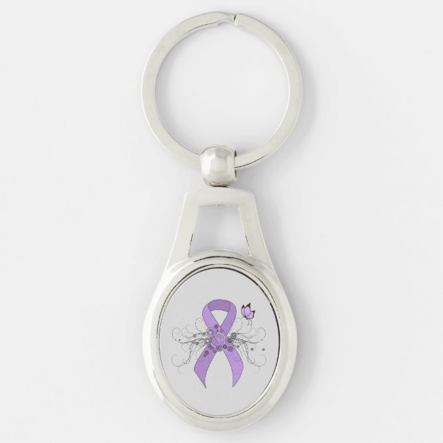 Lavender Awareness Ribbon med Butterfly Ovalt Silverfärgad Nyckelring (Framsidan)