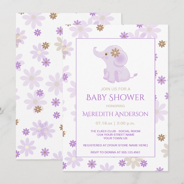 Lavender Baby Elephant Blommigt Baby Shower | Inbjudningar (Fram/baksida)